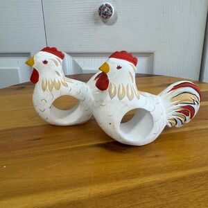 Vintage carved wood hand painted rooster napkin rings set of 2
